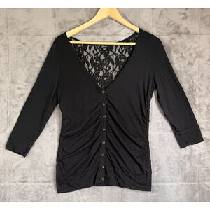 Guess Top Women Large Slim Black Floral Lace Back Button Front Coquette Witchy